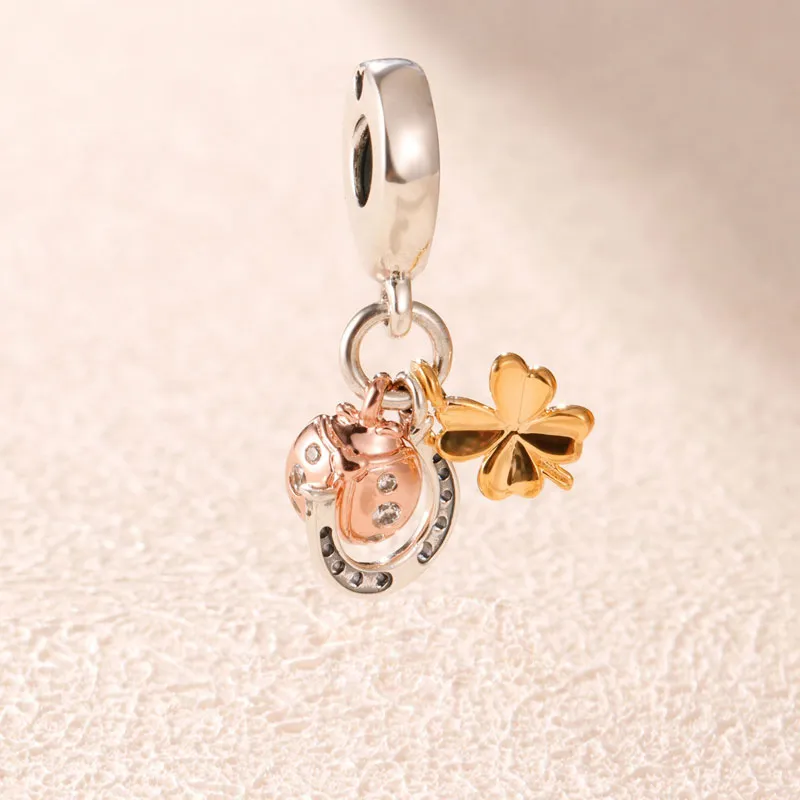 925 Sterling Silver Rose Shine Horseshoe Clover Ladybird Charm Koralik dla European Pandora Biżuteria Charm Bransoletki