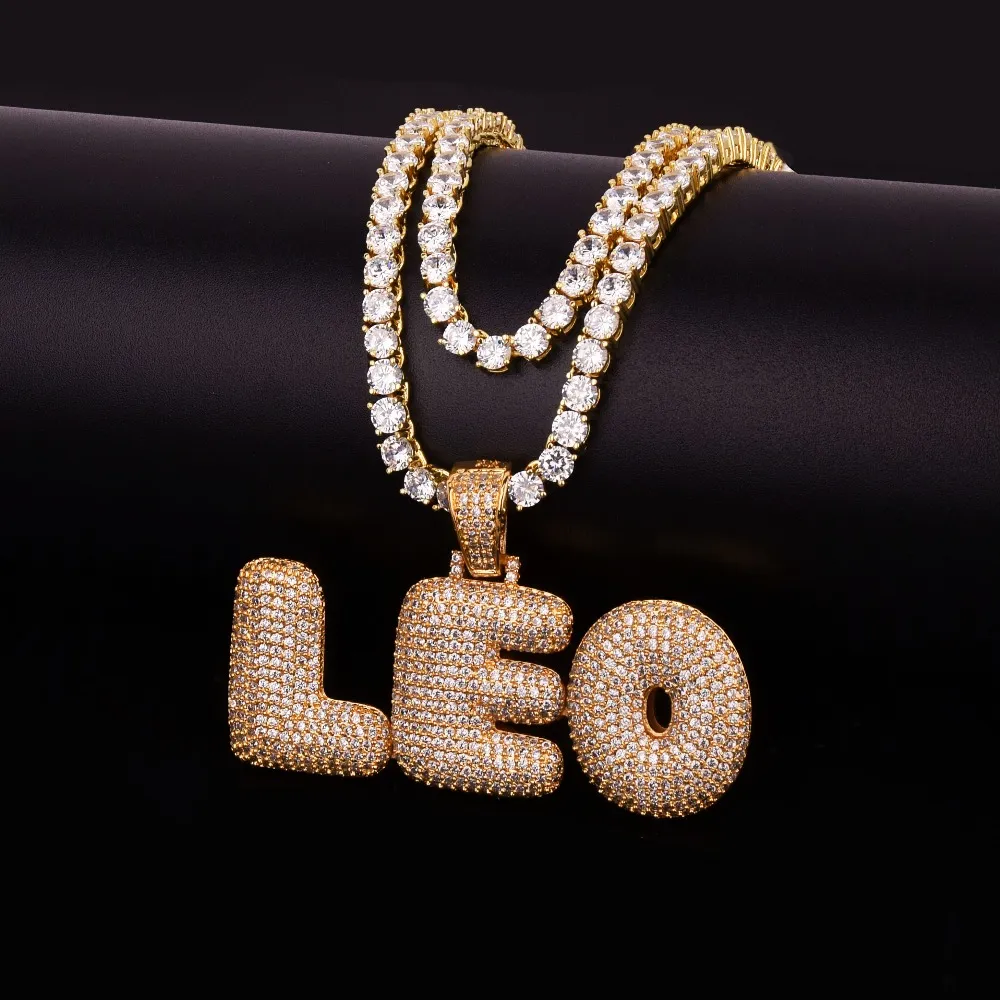 Nome personalizzato Bolla da uomo Lettere Pendenti Collane Gioielli hip hop Ice Out Zircone cubico con catena da tennis in argento dorato da 4 mm