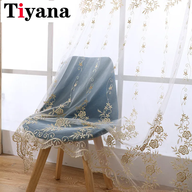 Tiyana Europe Gold Luxury Sheer Curtains Kitchen Beige Tulle Window Drapes Rose Embroidery Living Room Bedroom Decor ZH001X Y200421