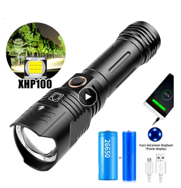 New Xhp100 Powerful XHP LED Tactical Flashlight Torch Xhp90 Flashlight Usb Rechargeable Flash Light by 18650 26650 Battery