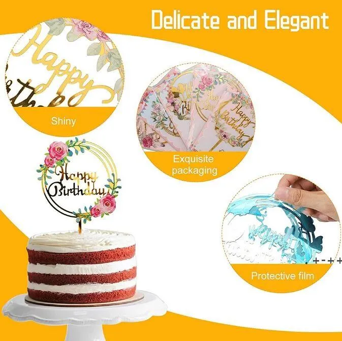 Cake Toppers Acrylic Lycklig födelsedag för barn eller vuxna Cupcake Topper Dessert Party Anniversary Decorations CCD12805