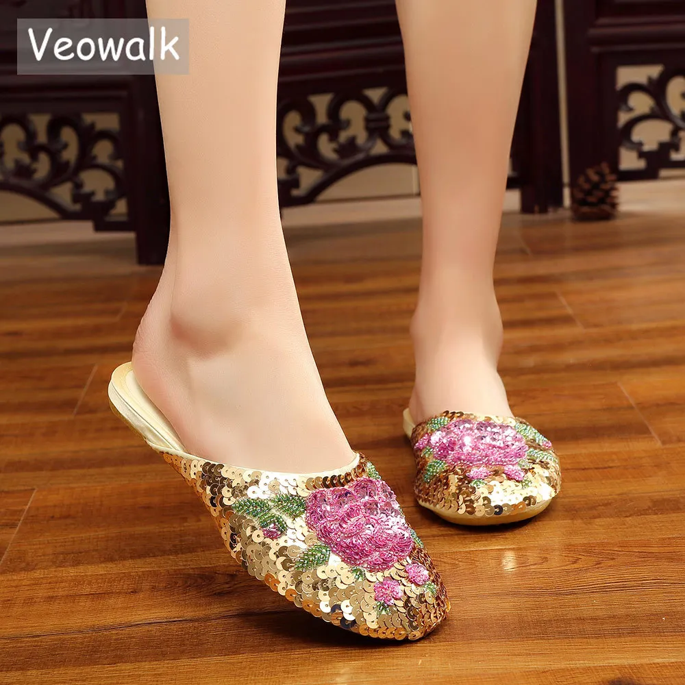 Veowalk Handmade Vintage Women's Slippers Flat Heel Ladies Chinese Bling Sequins Flower Soft Sole Casual Summer Outside Shoes X1020