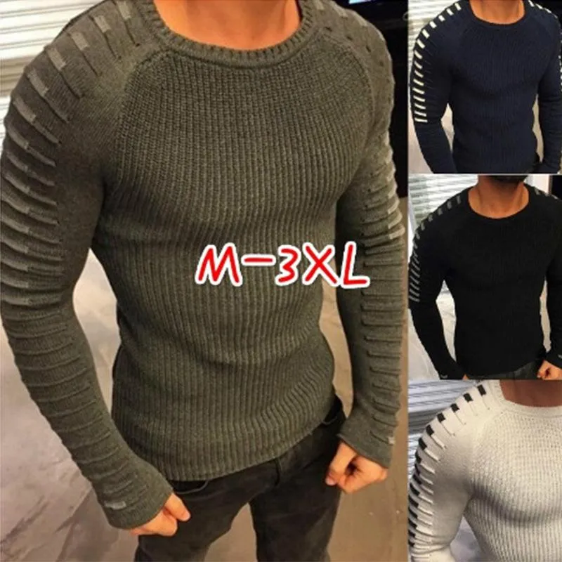 Hommes pull haute rue plissé coupe ajustée tricoté pull vêtements décontracté col rond mâle laine pull pull mode Sexy