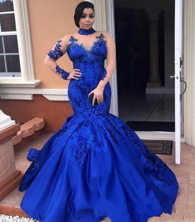 Saudi Arabia New Royal Blue Prom Dresses High Neck Nude Mesh Long Sleeves Lace Sequins Evening Gowns Satin Mermaid Forma Women Party Wear