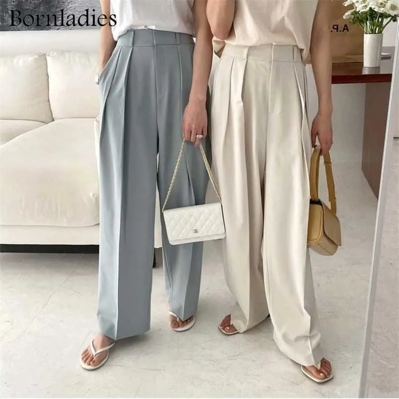 Bornladies Summer Casual High Waist Loose Straight Pants for Women Ladies Button Wide Leg Trousers Female Solid Pants 211216