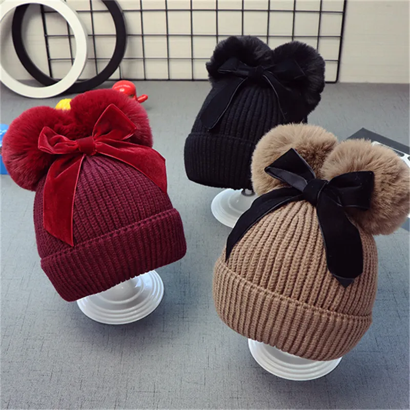 9styles Cute Double Fur Ball Bow Hats Baby Pom Pom Beanie Cap Toddler Kids Baby Girls Winter Warm Crochet Knitted Party Hat Caps