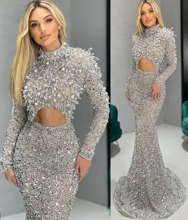 ASO EBI 2022 Arabisch Plus Size Luxe Sparkly Silver Prom Dresses Crystals Slobed Lace Avond Formal Party Second Reception Verjaardag Engagement Jurken Jurk