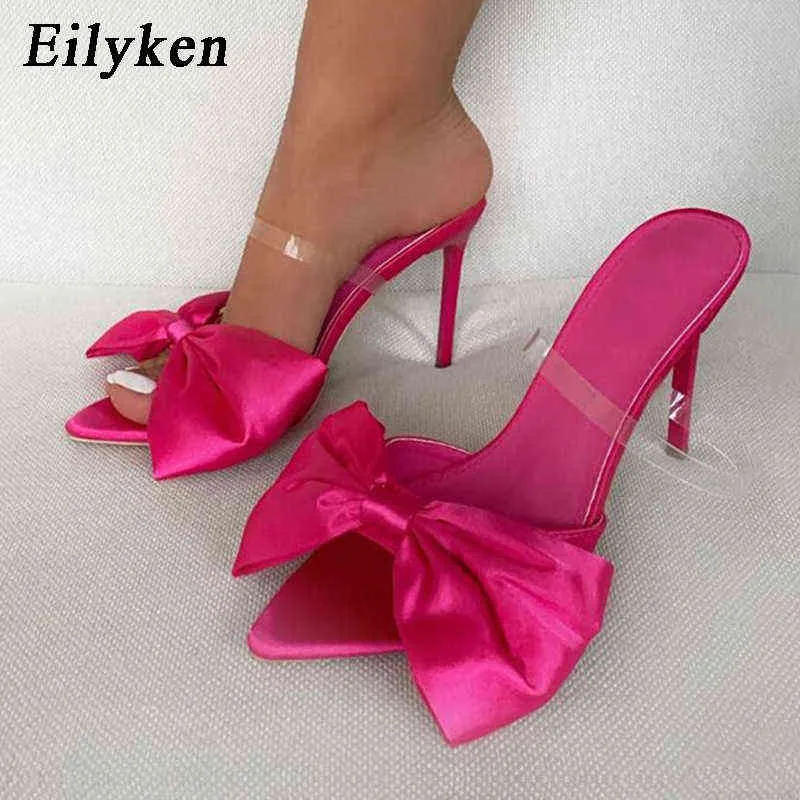 Tofflor Eilyken New Silk Butterfly Knot Mule Högklackat Sandaler Pekade Toe Strappy Slides Party Women Shoes220308