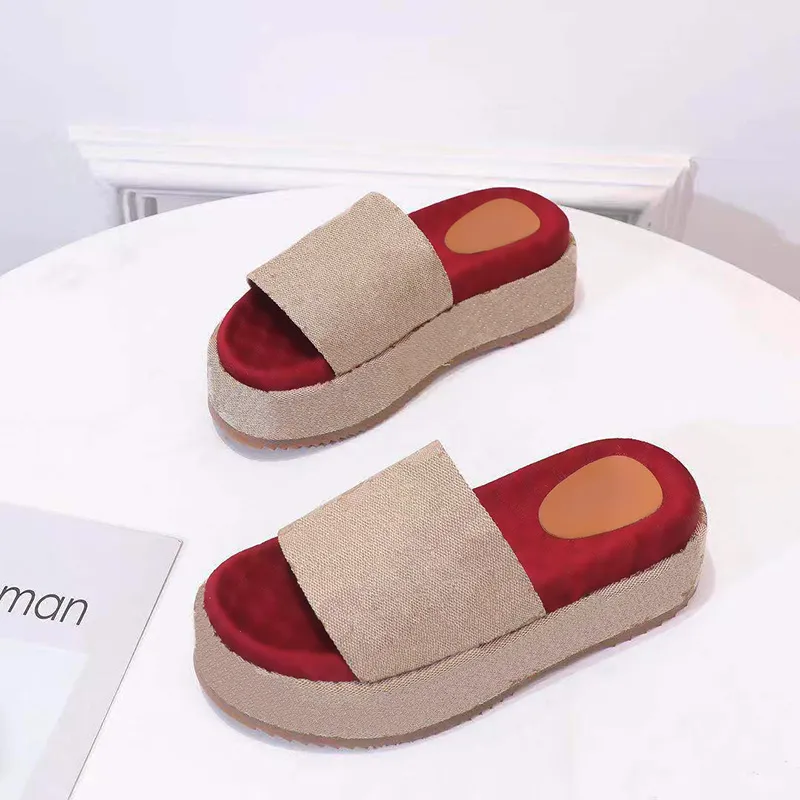 2022 Designer Denim 60mm Height Sandals Beige Canvas Slippers Wide Strap Set on Platform with Rubber Sole Brick Red Original Slide Sandal