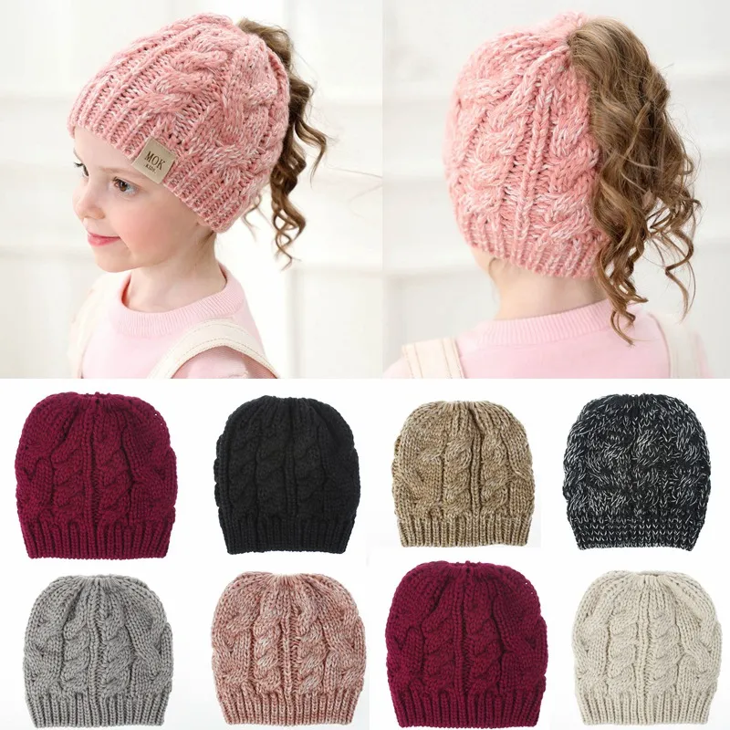 Girls Winter Ponytail Beanie Hat Kids Stretch Knit Messy High Bun Hat Winter Soft Warm Ponytail Cap HHA1608