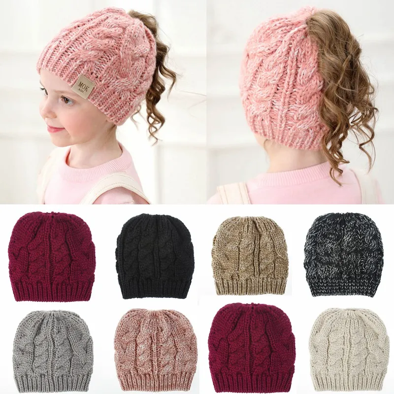 Flickor Vinter Ponytail Beanie Hat Kids Stretch Sticka Mosy High Bun Hat Vinter Mjuk Varm Ponytail Cap HHA1608