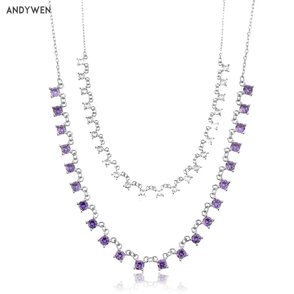 Andywen 925 стерлингового серебра чистые фиолетовые Zircon роскошные подвески цепи Choker Choker Choker с полными драгоценными камнями кристалл циркона свадьба Q0531