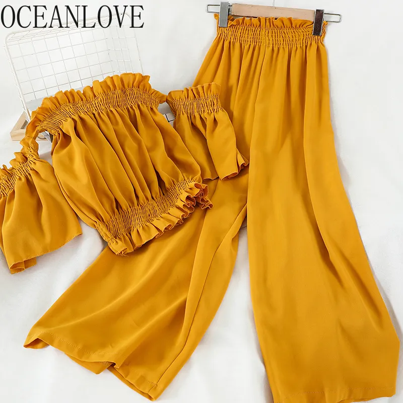 Oceanlove Estate Due pezzi Set Donne Fashion Solid Off Spalla manica corta 2020 Ropa Mujer Abiti di moda coreana 14226 x0923