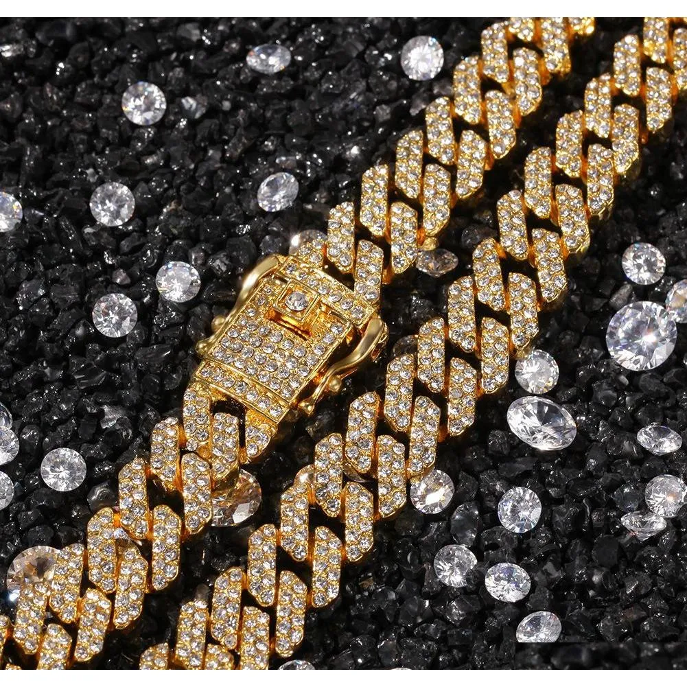 12mm miami cuban link chain necklace bracelets set for mens bling hip hop iced out diamond gold silver rapper chains women luxury