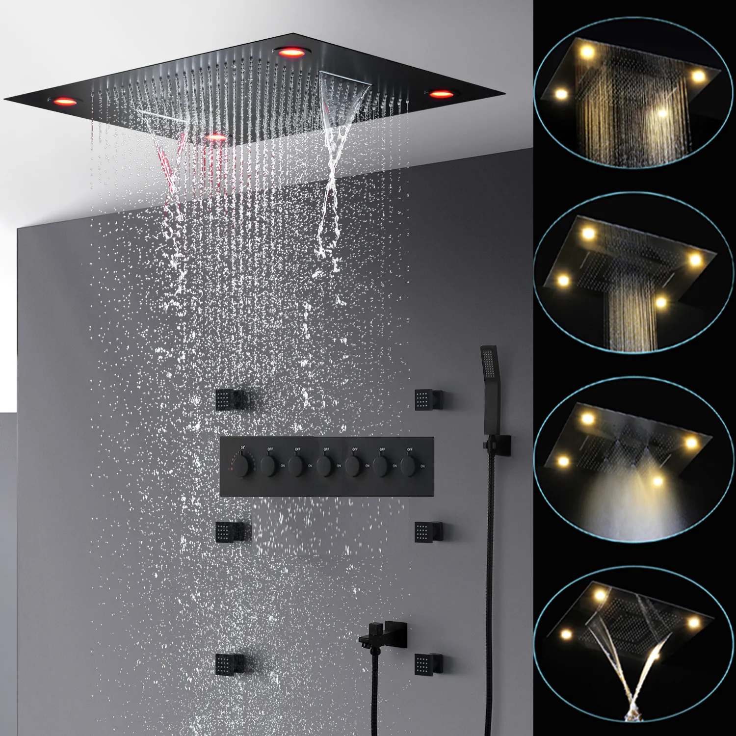 Accessori per il bagno Set doccia nero 6 funzioni Cascata a pioggia Soffione doccia a LED nebbioso grande 600x800mm Miscelatore termostatico Rubinetti Massaggio Body Jets