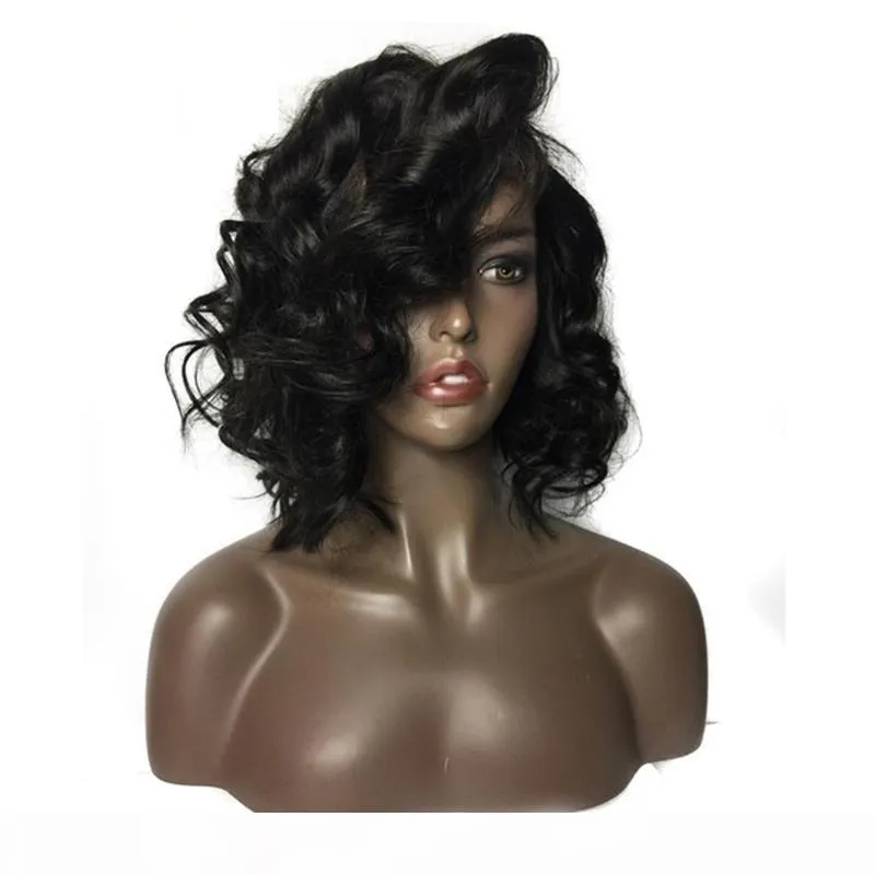 Короткие свободные волны парики с боковыми челками Virgin Brazilian 100 человеческих волос Полное кружевное свободное волновое парики для волос для афроамериканцев