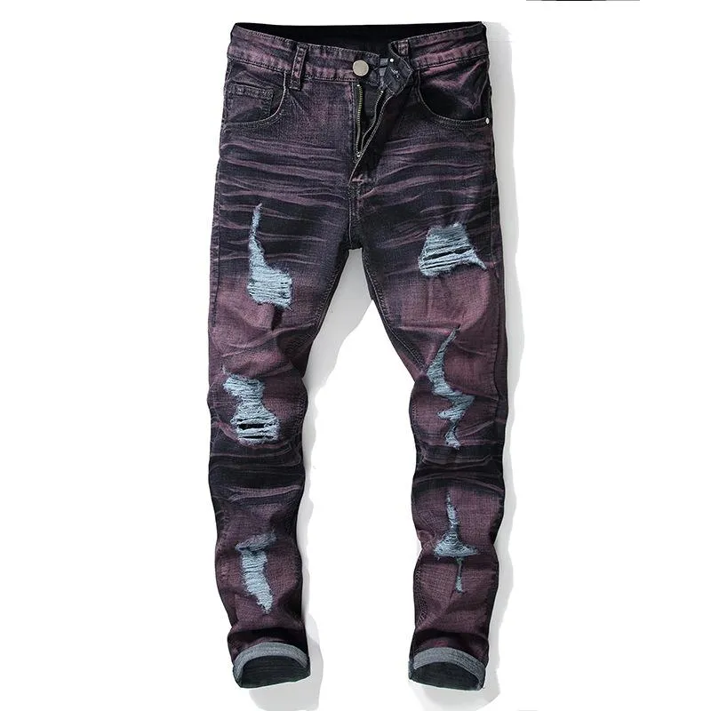 Mäns jeans Trendiga rippade lila män Slim Fit 2023 Tight Ankle Motor Biker Pants Hole Color Contrast