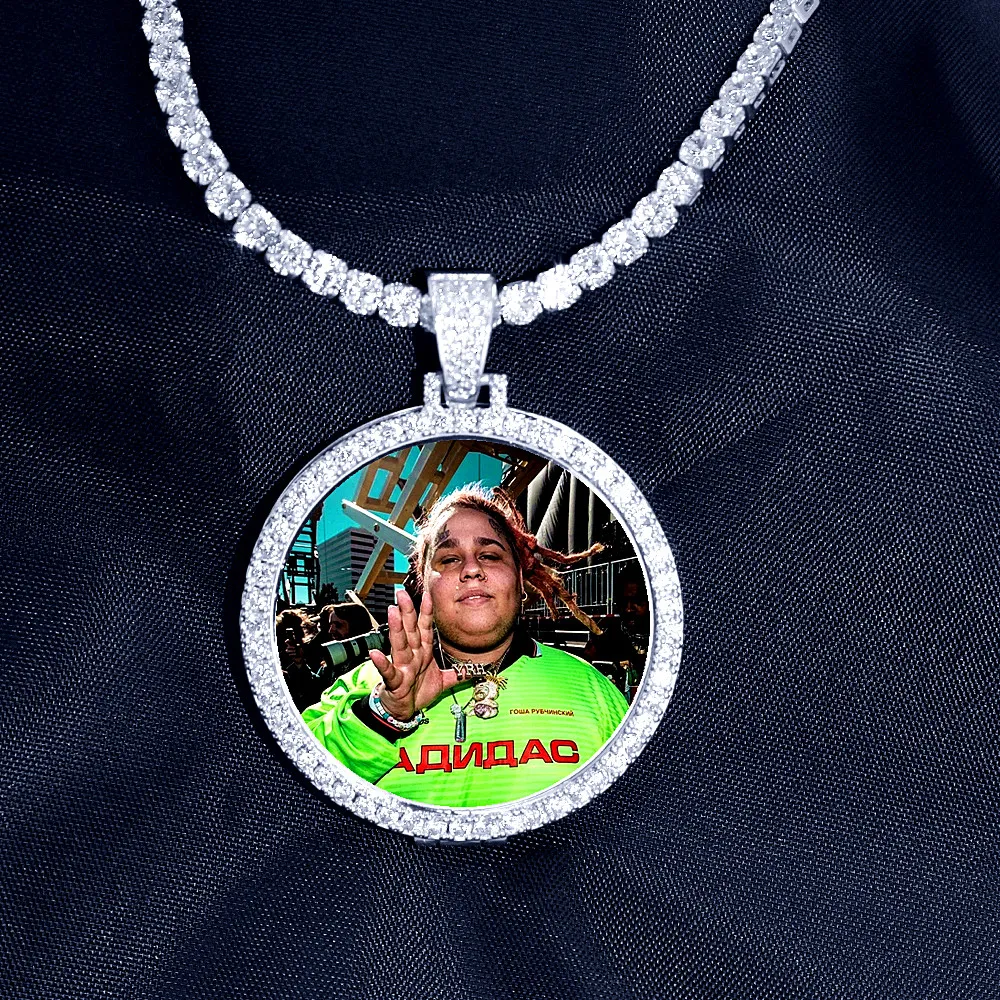 Round Photo Custom Made Photo Medallions Pendant Picture Necklace Tennis Chain Gold Silver Color Cubic Zircon Hip Hop Jewelry