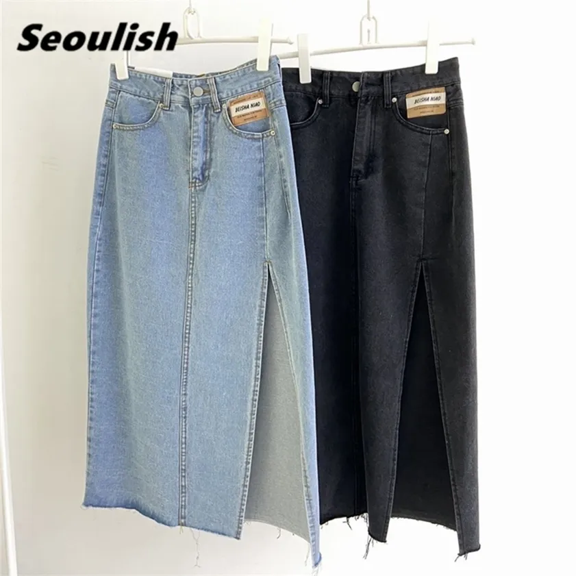 Seoulish Summer Women's Long Denim kjol Vintage High Wasit Jeans Kvinnlig sida Split A-Line Pencil S 220216