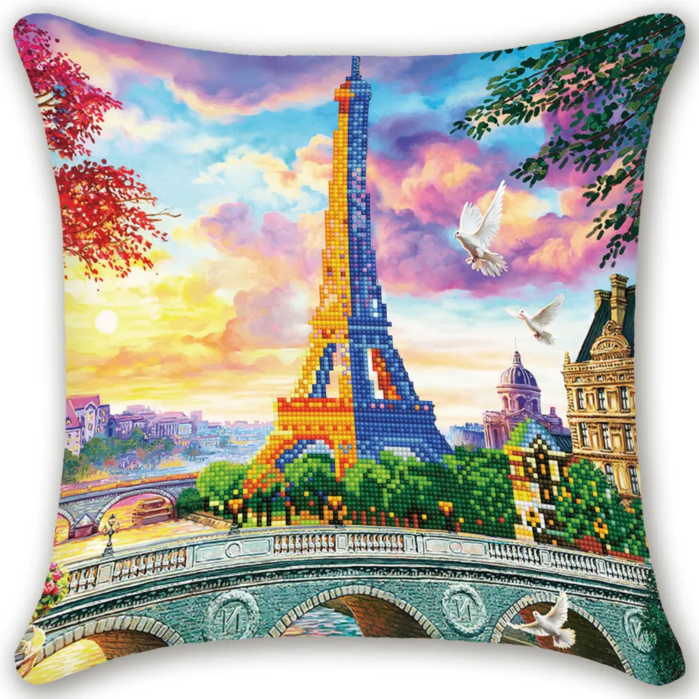 5D Partielle Ronde Foret DIY Diamant Peinture Paysage Tour Eiffel Housse de Coussin Taie d'oreiller Décor Chambre Art Mosaïque Point De Croix 201112