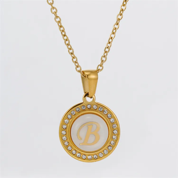 Gold Script 26 initial capital letters A to Z Alphabet charm pendant Stainless Steel personalized name round necklace with chain white crystal stones for lady women