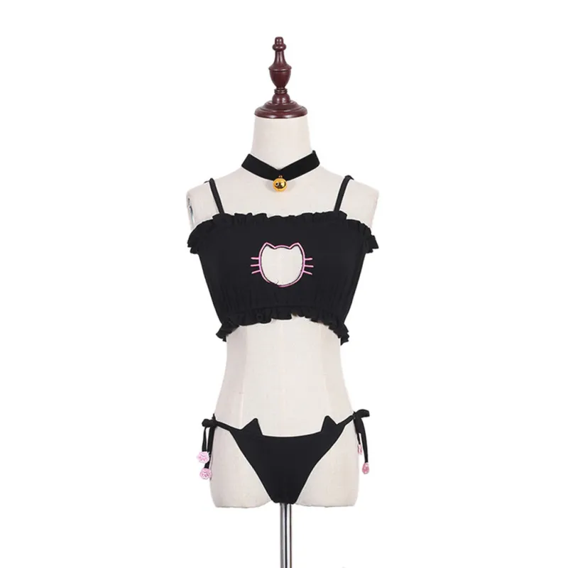 Kawaii Cat Embroidered Cosplay Lingerie Set With Bra, Briefs, Bell Choker  Collar Black Lace Underwear Set FSZ0574284D From Ai810, $15.81