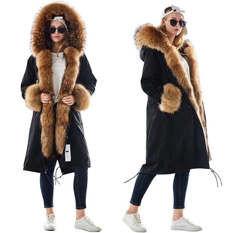 マウモココン大型冬の女性の革のジャケットナチュラルアライグマの毛皮のコートの取り外し可能なライニングXロングパークパイク211216