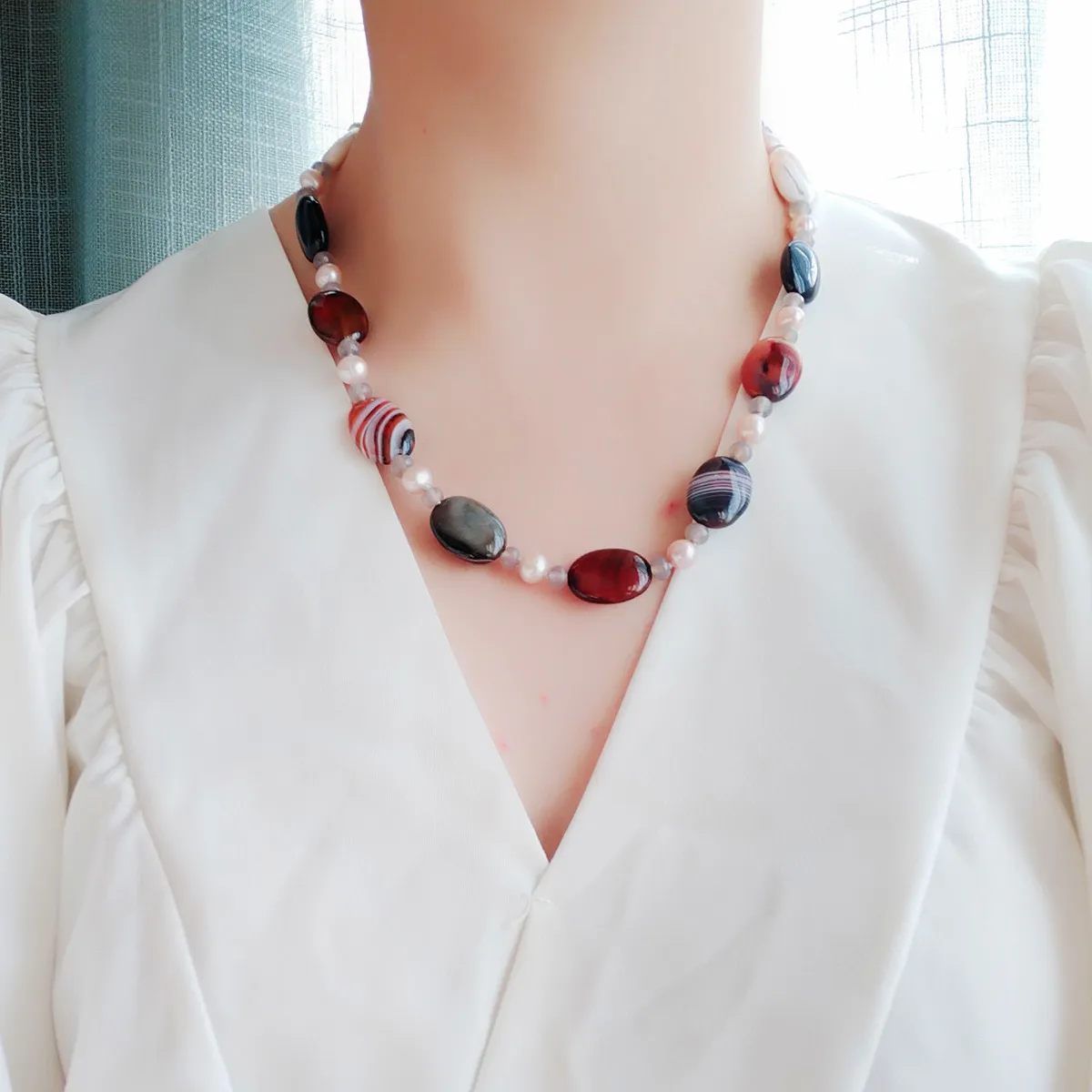 Lii Ji véritable perle d'eau douce collier d'agate marron 52 cm collier Simple pour les femmes bijoux Q0531