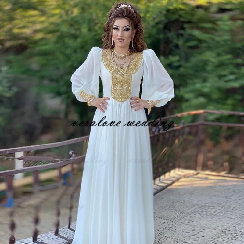 Novo branco chiffon marroquino kaftan vestido de casamento longo apliques de ouro saudita árabe muçulmano vestido de festa de panela feita