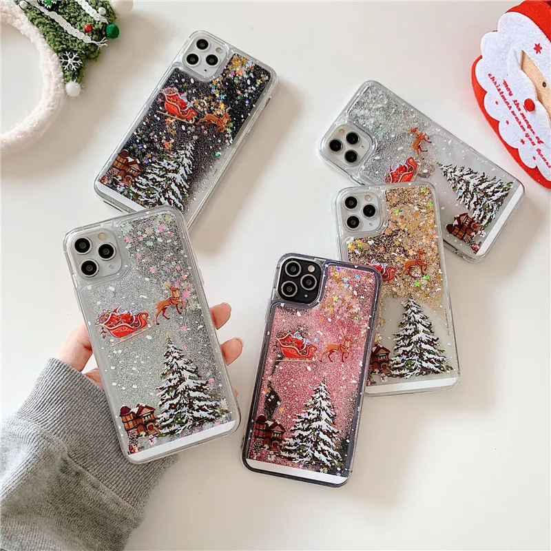 Julglitter Quicksand Telefonväska till iPhone 12 Pro Max 11 XS 8 Plus Max Bling Bling Soft TPU Back Cover God Jul