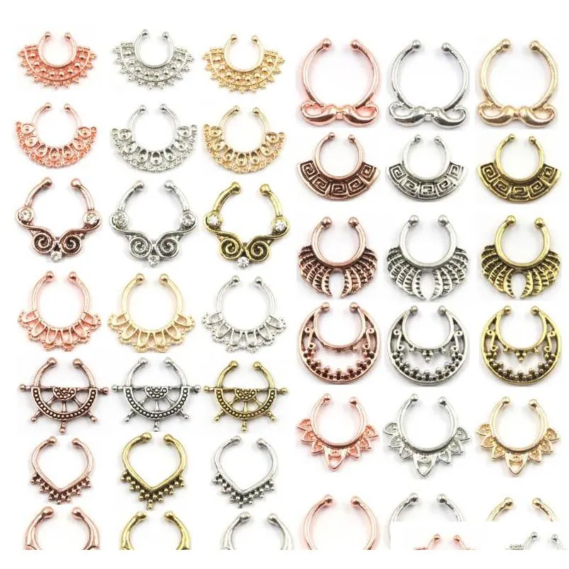 Faux anneau de nez en cristal mélangé, 10 pièces, Septum, alliage indien, argent et or Rose, Clip sur anneaux et N0065 Ppxoz