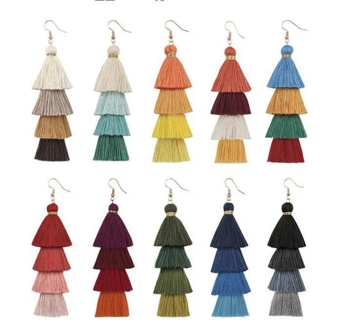 Hot Bohemian Fringe Long Gradient Multilayer Drop Earrings Women Fashion Jewelry Dangle Silk Fabric Ethnic tassel earrings Gift