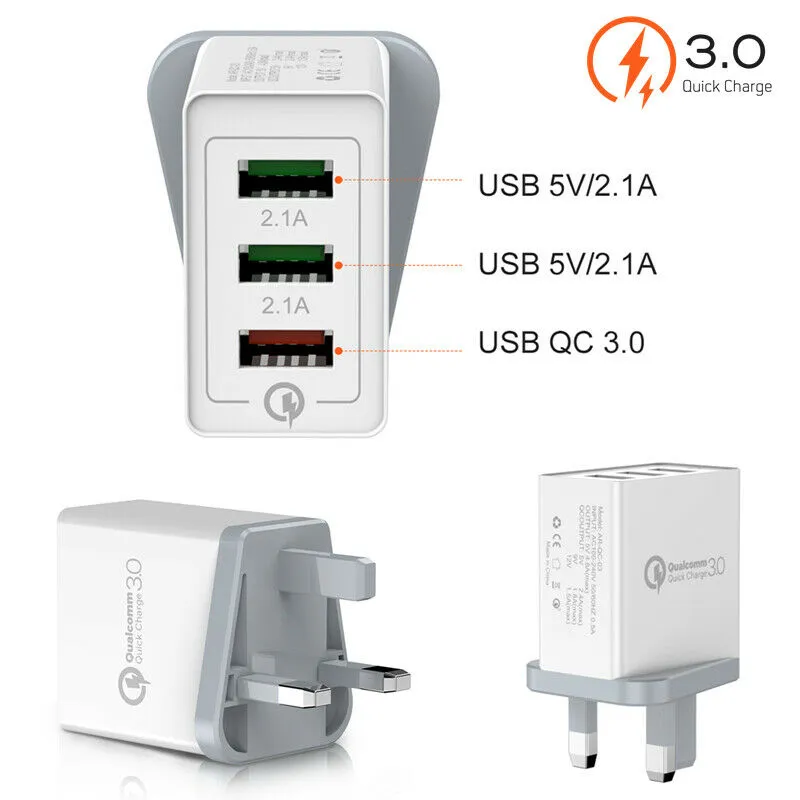 3 Multi-Port USB QC 3.0 Schnelllade-USB-Wandladegerät Hub Netz-Wandladegerät-Adapter US EU UK-Stecker für Zuhause, Reisen, Büro, Telefonzubehör