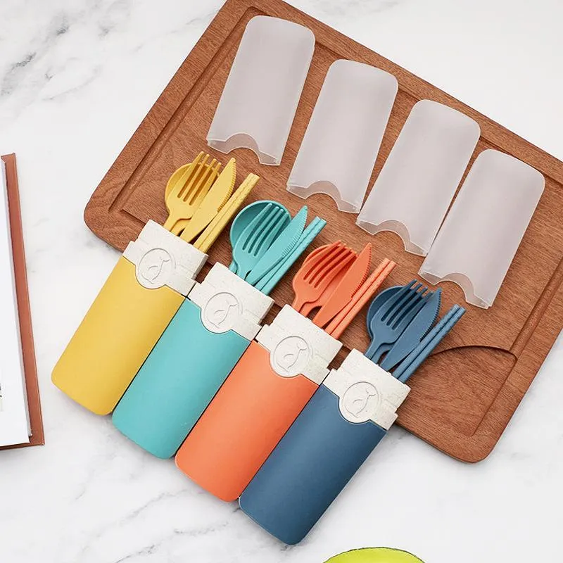 Wheat Straw Portable Tableware Dinnerware Sets Knife Fork Spoon Chopsticks Set Storage Box Four-Piece Student Gift GH0029