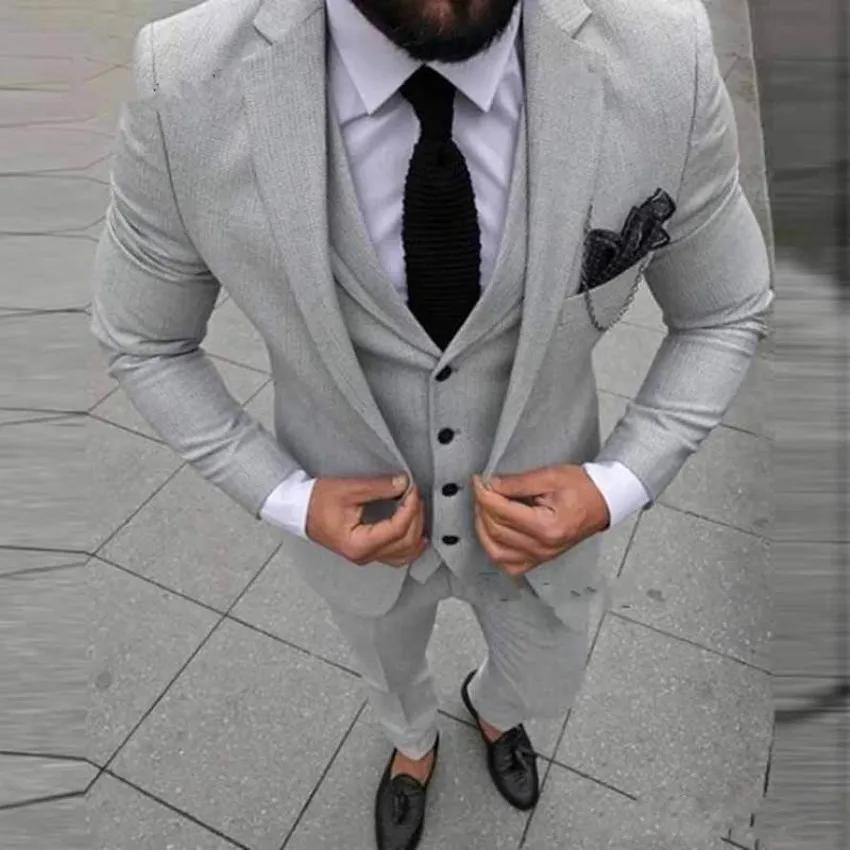 Excelente luz cinza cinza 3 peças terno homens casamento smoking tuxedo lapela um botão noivo tuxedos fit homens homens jantar de negócios bailer (jaqueta + calça + gravata + colete) 1270