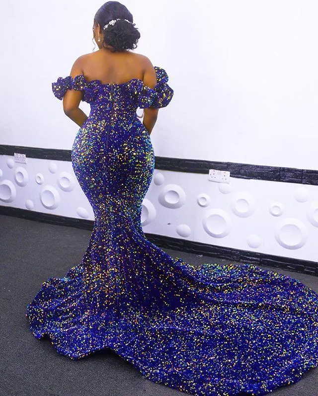 2021 New Sexy African Sequined Evening Dresses Wear Royal Blue Plus Size Off Shoulder Sequins Mermaid Prom Gowns Red Carpet Robe D2547