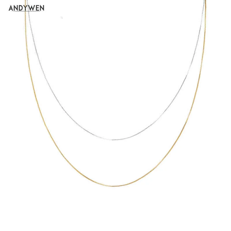 Andywen 925 Sterling Silver Gold Long Box Chain Choker Necklace 2022 Women Wedding Thin Small Luxury Jewelry Crystal