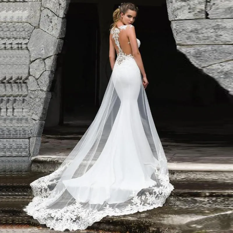 Elegant Satin Mermaid Wedding Dress with Illusion Lace Appliques - Plus Size Bridal Gown for Boho Beach Weddings (2022)
