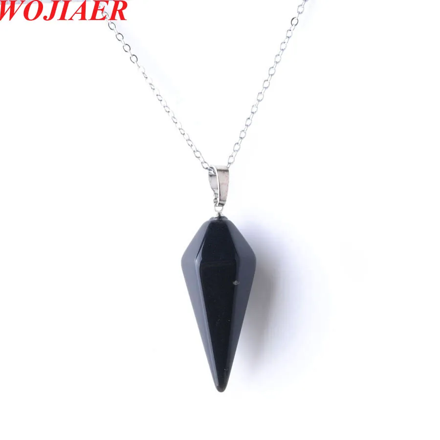 Wojiaer Collier pendentif Hexagonal Pyramide Naturel Black Agate Gem Stone Reiki Chakra Perles de pendaison Z9095