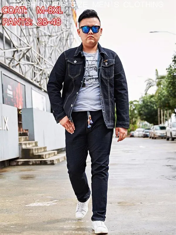 Męskie dżinsy Denim Jacket Mężczyźni 2 Dwuczęściowe Zestaw Wiosny Jesień Plus Rozmiar 6XL 7XL 8XL Czarny Jean Spodnie Motocyklowe Ubrania Człowiek Płaszcz Spodnie1