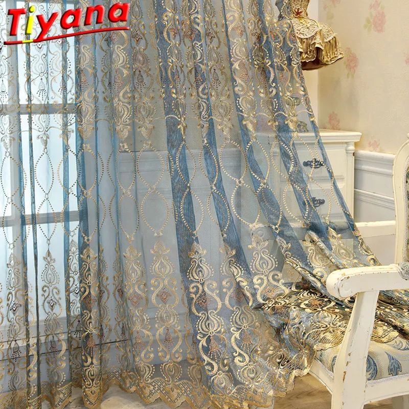 Blue Luxury Embroidery Tulle for Living Room Cheap Curtain Window Drapes for Bedroom Discount Yellow Thin Curtain Voile 40 LJ201224