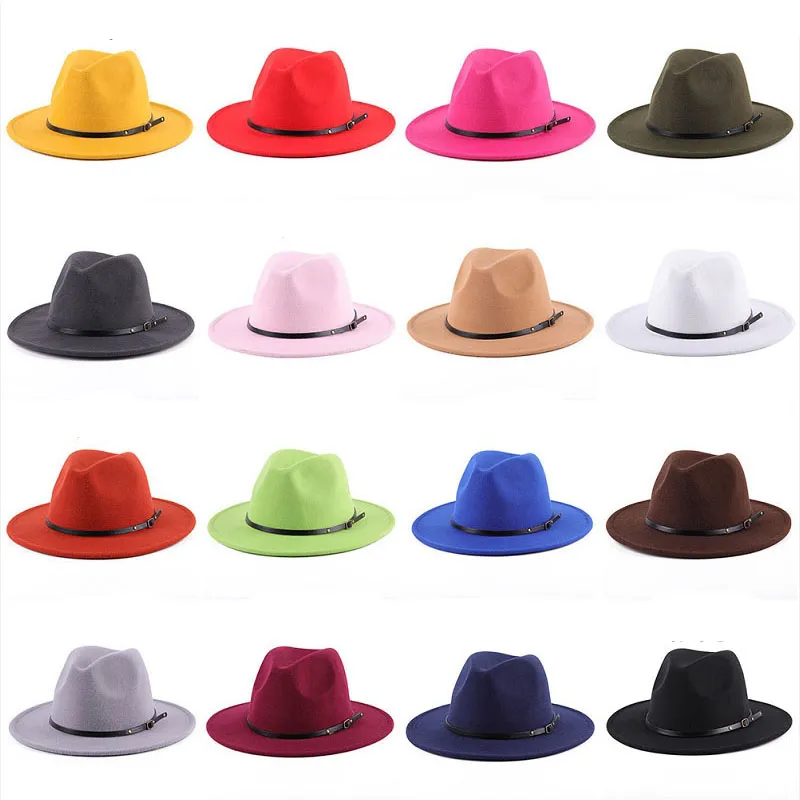 19 Colors women's Fedora Hat For Gentleman Woolen Wide Brim Jazz Church Cap Band Wide Flat Brim Hats Stylish Trilby Panama Caps M2921