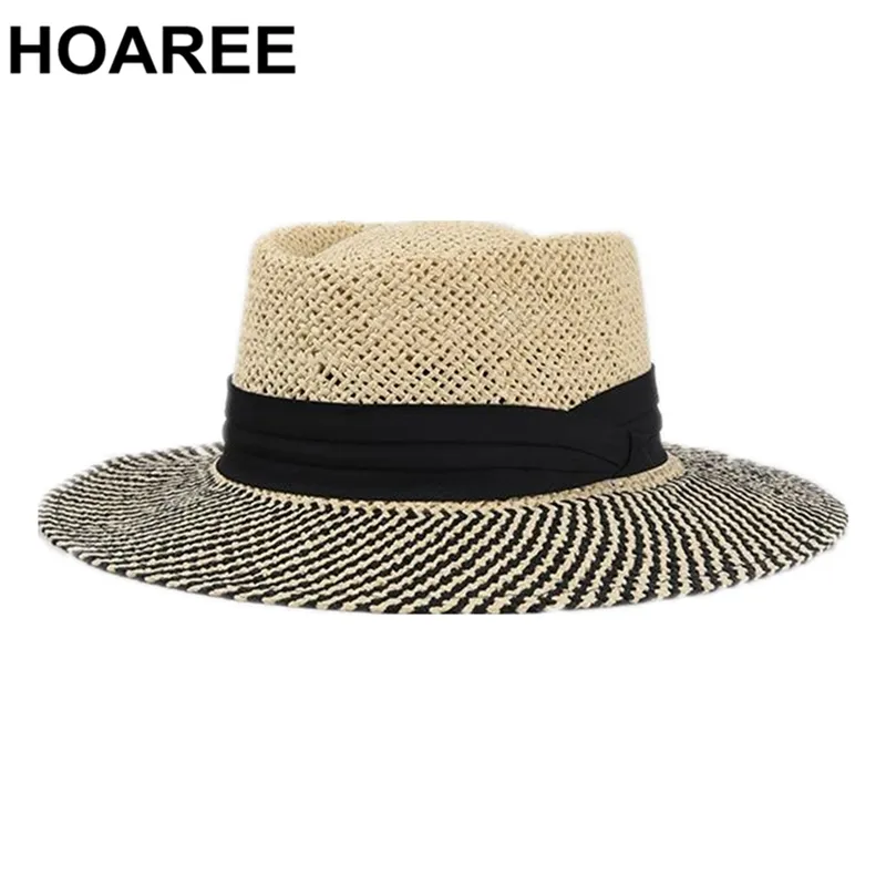 Hoaree panama hoed mannen varkensvlees zon hoed zomer rietje wijd runder fedora mannelijke handbreien zwart patchwork casual strand tribby hoed y200714