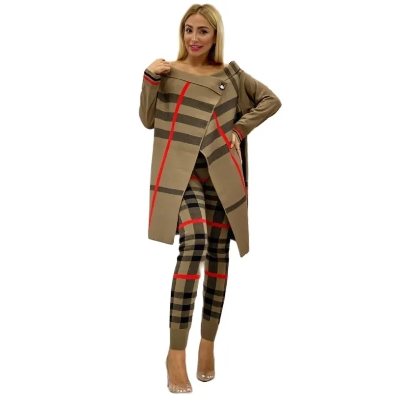 2 Pieces Women's Knitwear Buttoned Cachet Top and Pants Double Flexible Suit Set Striped Turkey Dubai Fashion Clothing 220315