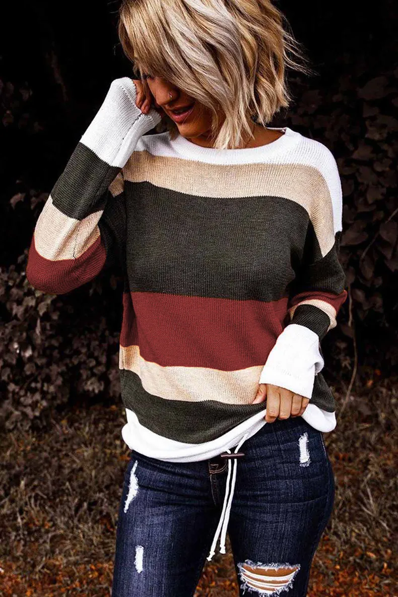 Fashion New Womens Suters Rodada Collar Tricô Pulôver Mangas Longa Stripe Stripe Senhoras De Tricô Partido Casual Hoodie Tamanho S-2XL