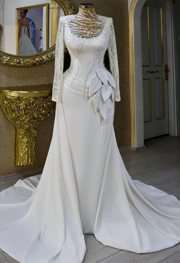 Sheath Long Sleeve Wedding Dress With High Neck