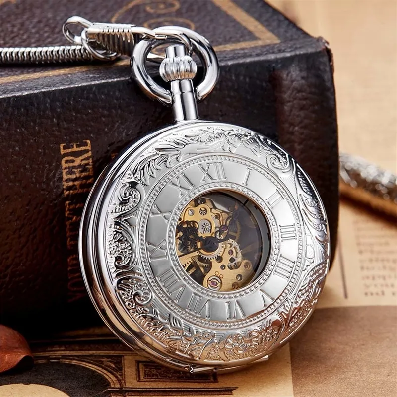 Luxury Sliver Color Mechanical Pocket Watch Men Women Clock Skeleton Gear Dial Gold Antique Flip Case Copper FOB Chain Watches T200502