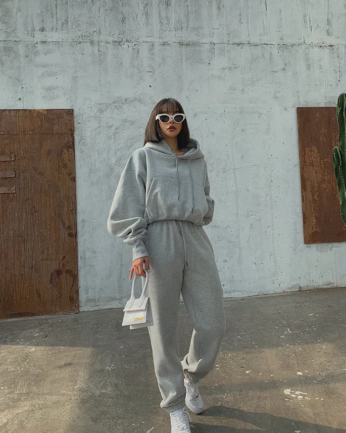 Light Grey Hoodie Womens Fleece Joggers Set For Autumn/Winter