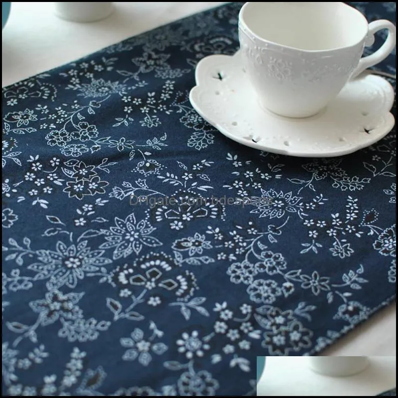 Chinese Style Navy Floral Table Runner Tea Table Cloth Hotel Household Floral Table Flag Party Wedding Decoration Home Textile