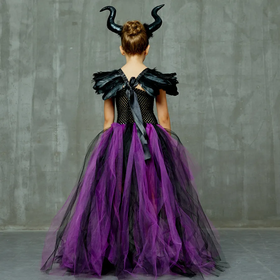 Purple Black Children Maleficent Costume Girls Dark Witch Villain Halloween Fancy Tutu Dress Evening Party Carnival Ball Gowns (14)